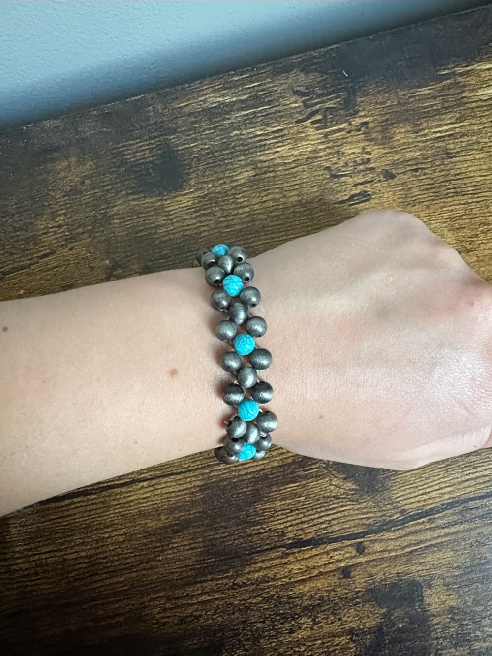 Turquoise and Silver Beaded Stretch Bracelet
